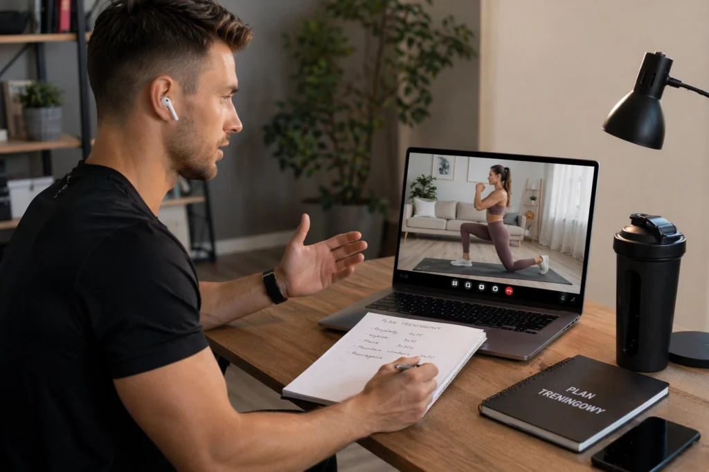 trener personalny prowadzący trening online i konsultacje z klientem