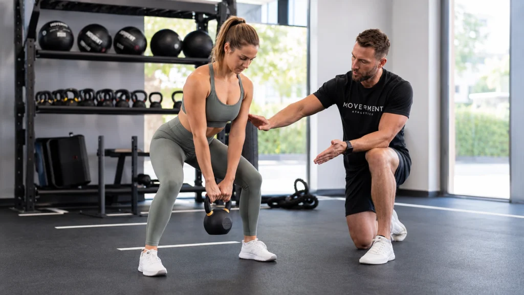 Trening funkcjonalny z trenerem personalnym na sali treningowej
