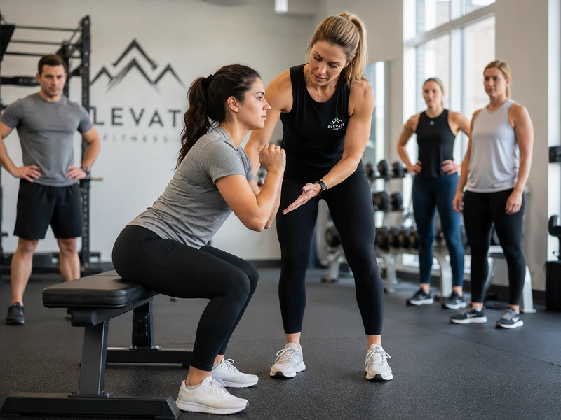 Instruktor poprawia technikę przysiadu uczestniczki zajęć fitness