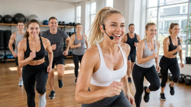 Instruktorka motywująca uczestników zajęć fitness