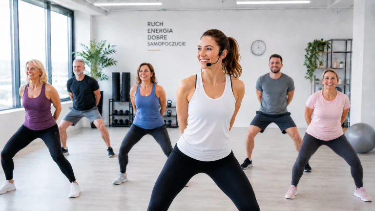 Instruktorka prowadzi zajęcia fitness dla początkujących uczestników