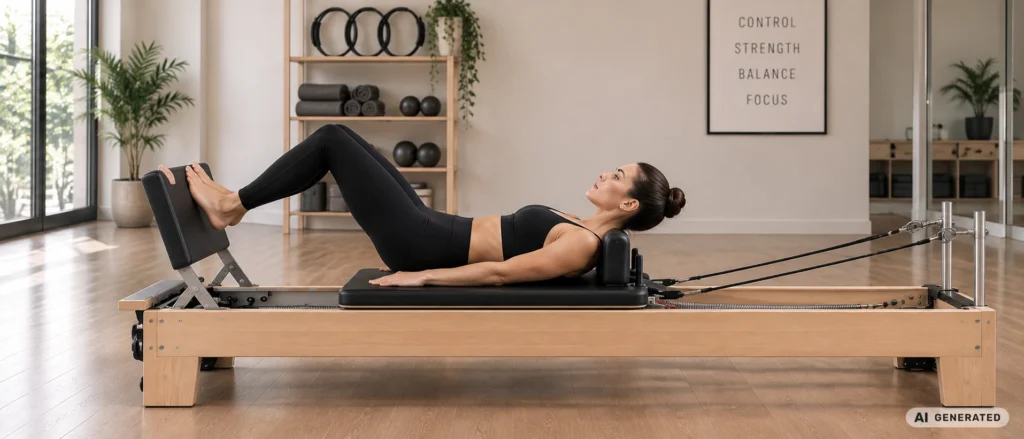 Ćwiczenia pilates wykonywane na reformerze