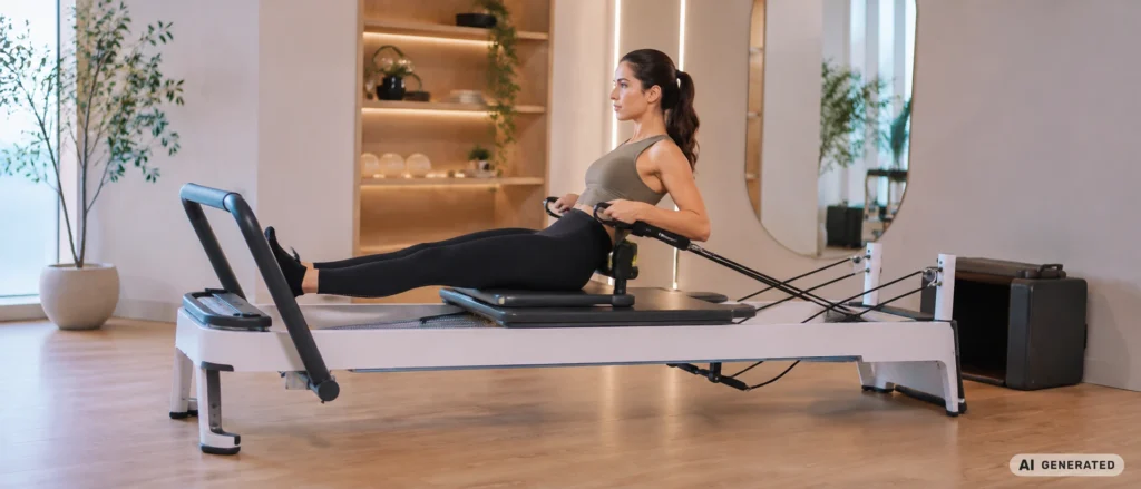 Ćwiczenie pilates na reformerze z wykorzystaniem sprężyn i ruchomego wózka