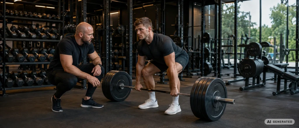 Trening siłowy z wykorzystaniem sztangi pod nadzorem trenera